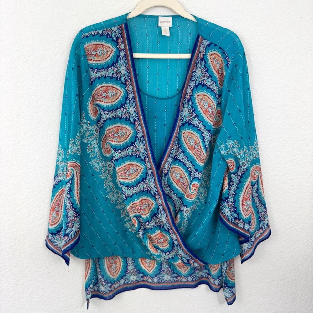 Colorful Chico’s Teal and White Paisley Cross Cross High Low Top Size 16W